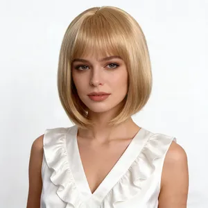 Short blonde Bob wig with neat bangs and smooth finish on a white background