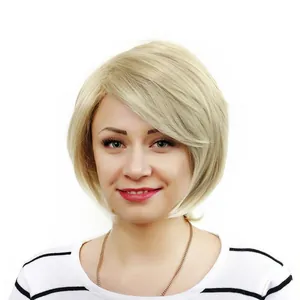 Kurze blonde Bob-Perücke mit schrägem Pony für Damen, glattes synthetisches Echthaar-Design