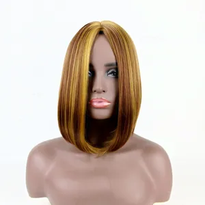 Detailed side view of short straight brown bob wig with blonde highlights and smooth texture