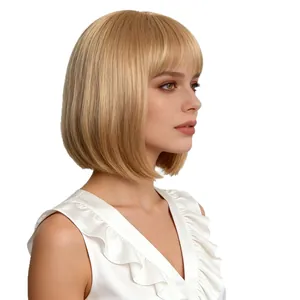 Short blonde Bob wig with bangs, sleek straight synthetic hair for women, shoulder length