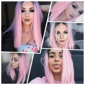 Long straight hair wig with natural dark roots to light pink ombre gradient style