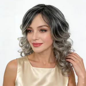 Short wavy ombre wig for women with black roots to grey gradient silver hair color