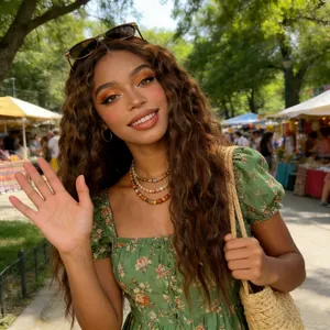 Detailed view of long wavy dark brown synthetic wig styled in a sunny outdoor market