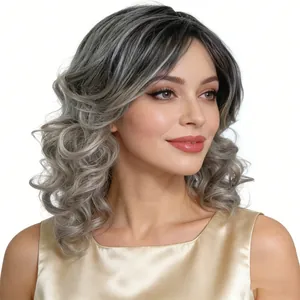 Women short wavy grey ombre synthetic wig with natural layered volume and curls