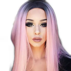 Long straight ombre wig for women featuring black to light pink gradient and middle part