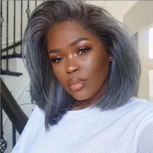 Parrucca corta bob grigio argento per donna con radici scure e capelli lisci dritti