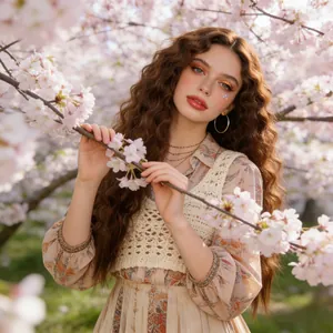 Long curly Afro wig for women styled with floral dress and bohemian crochet vest outfit