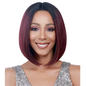 Damen Kurze Bob Perücke Ombre Schwarz Zu Weinrot Synthetik Hochtemperaturfaser Mittelscheitel Glattes Haar Perücke Für Alltag Party