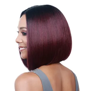 Damen Bob Perücke mit Ombré-Verlauf von Schwarz zu Weinrot, glattes schulterlanges Kunsthaar