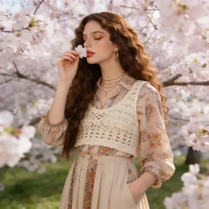 Bohemian crochet knit vest paired with floral maxi dress in a spring cherry blossom park
