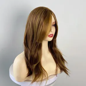 Long wavy wig with bangs, ombre golden brown highlights, natural fluffy synthetic hair
