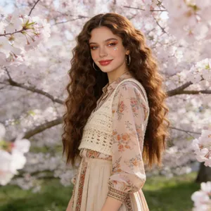 Long curly afro synthetic wig styled with floral dress and floral outdoor background