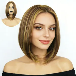 Parrucca Sintetica Corta Bob da Donna Con Riflessi Marrone Oro Capelli Lisci Curva Interna Parrucca Per Uso Quotidiano Festa