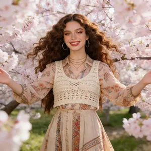 Detail of a beige crochet vest over a bohemian floral dress in a romantic spring setting