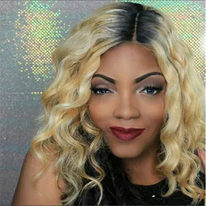 Long wavy ombre blonde wig with dark roots and natural water wave texture for women