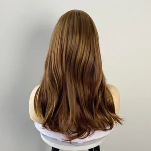 Long brown wavy wig with golden highlights shown from the back on a model head