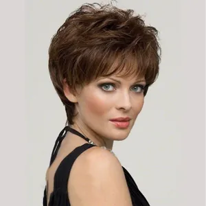 Short wavy dark brown wig with bangs for women featuring a layered natural synthetic hair style