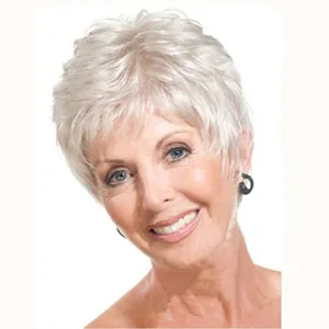 Short silver grey layered wig for women with natural wavy texture and voluminous style