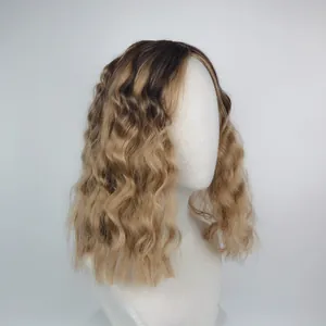Women's mid-length ombre dark brown to light blonde wavy wig shown on a white mannequin head