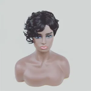Detail of short black curly wig with retro waves on a female mannequin model
