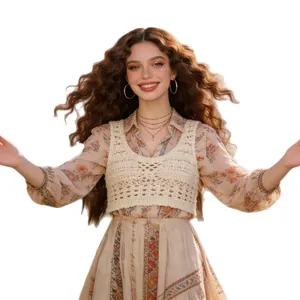 Bohemian style crochet vest with floral long sleeve midi dress set for women