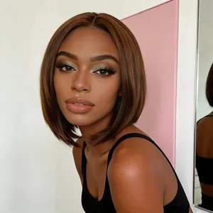 Detailed view of dark brown Bob wig showing smooth texture and natural center parting