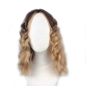 Women's ombre dark brown to blonde mid-length wavy wig with center part on white model