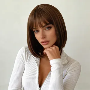 Detail view of a short dark brown Bob wig with straight bangs made of high-quality fiber