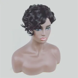 Close-up of black short curly wig with tight waves on dark-skinned female model