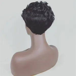 Rear view of short black afro curly wig with vintage waves on a female mannequin head
