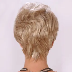 Short wavy blonde mix synthetic wig with layered back view and natural fluffy texture