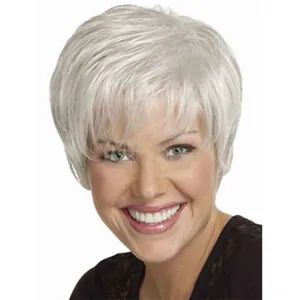 Short silver white straight hair wig for women with stylish bangs on white background