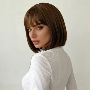 Short dark brown bob wig with bangs on model, synthetic heat resistant hair style