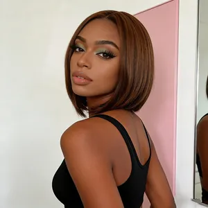 Short straight caramel brown Bob wig with middle part for a natural smooth look