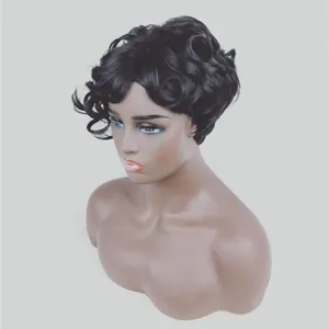 Detail view of black short curly synthetic wig featuring vintage retro wave style