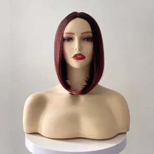 Close-up of wine red ombre Bob wig with straight hair and middle part on a mannequin
