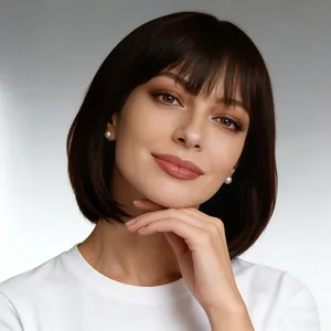 Short brown bob wig with airy bangs shown on model for a natural and elegant look