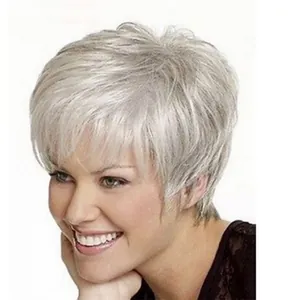 Detailed side view of silver grey short wig with bangs and layered synthetic hair texture