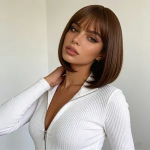 Short chestnut brown bob wig with bangs, natural synthetic fiber hair for modern styling