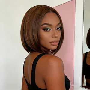 Short straight dark brown Bob wig for women with center part and natural synthetic hair
