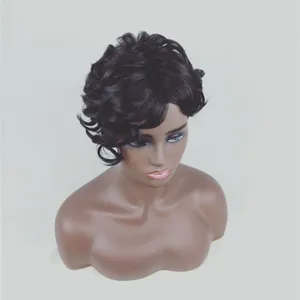Close-up of short black curly synthetic wig showing natural texture and hairline