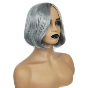 Parrucca bob corta grigio argento con riga laterale per donna, capelli sintetici lisci