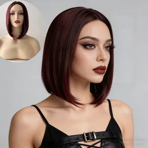 Short wine red ombre bob wig with middle part and natural high-temperature synthetic fiber