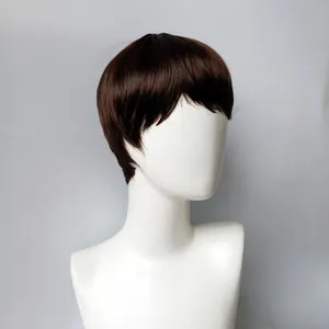 Detailed side view of short straight brown wig with bangs on a display mannequin