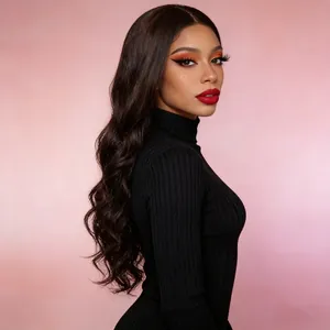 Side view of long wavy synthetic hair extensions in natural black with soft ocean waves