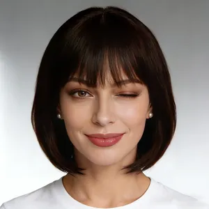 Short dark brown Bob wig with French air bangs and sleek straight hair texture