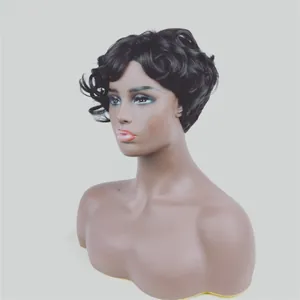Close-up of black short finger wave wig featuring vintage synthetic curls and natural texture