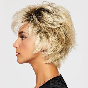 Short layered platinum blonde wig for women with dark roots and voluminous textured style
