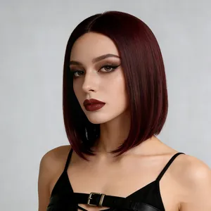 Macro detail of silky burgundy bob wig fibers with natural sheen and straight texture