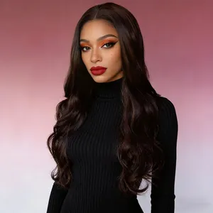 Long wavy deep brown synthetic wig for women with center part and natural glossy texture